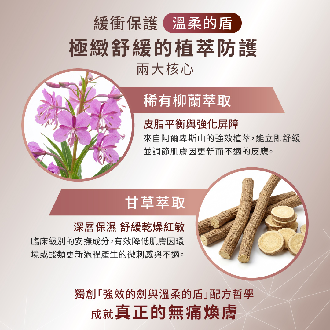 德美凱極緻A精華打造極緻舒緩植萃防護盾，嚴選阿爾卑斯山柳蘭萃取強化屏障，與甘草萃取深層保濕舒緩乾燥，降低酸類煥膚的不適感