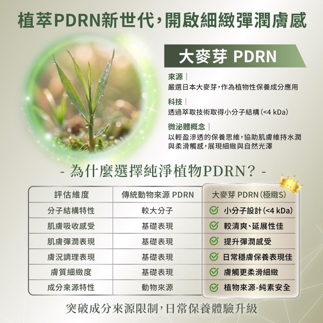 日本大麥芽萃取植萃 PDRN 比較表：小分子結構 (