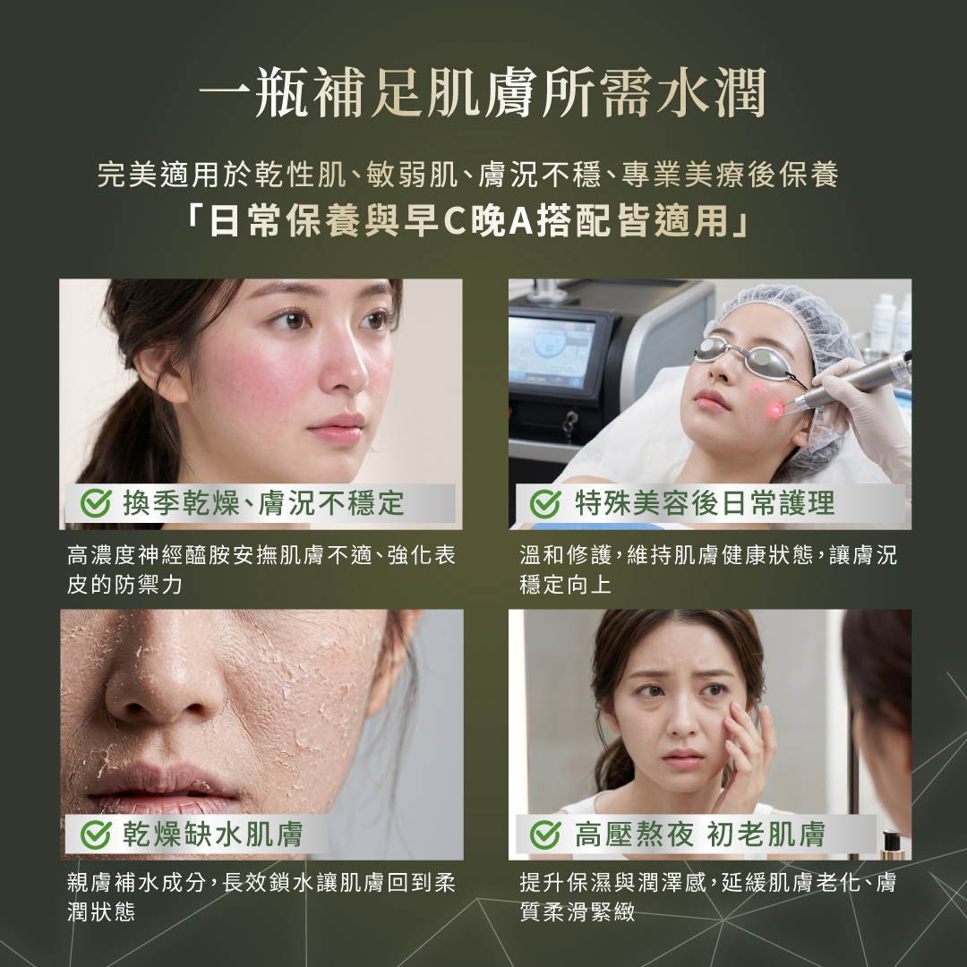 德美凱極緻S適用場景：乾性肌、敏弱肌、高壓熬夜暗沈及醫美術後溫和修護