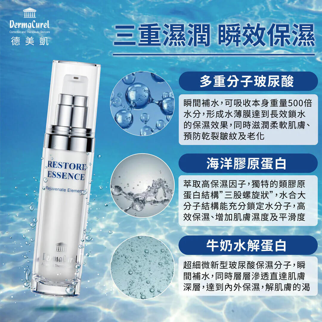 德美凱三重潤澤成分:多重分子玻尿酸與海洋膠原蛋白,滲透角質層密集補水,緩解肌膚乾燥乾澀感