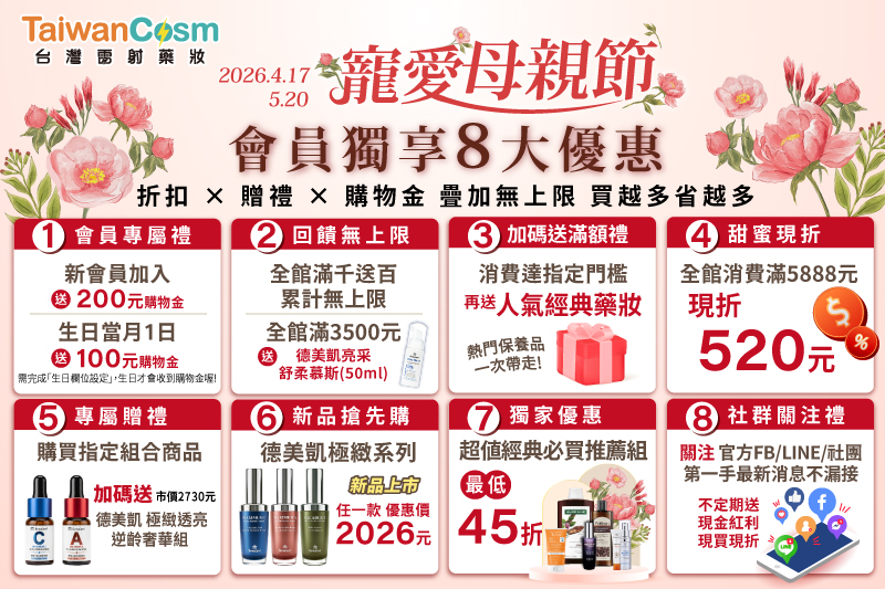 2026母親節藥妝優惠推薦！台灣雷射藥妝祭出8大回饋，包含新會員購物金、滿額贈德美凱舒柔慕斯、德美凱極緻系列新品2026元搶先購，買越多省越多。