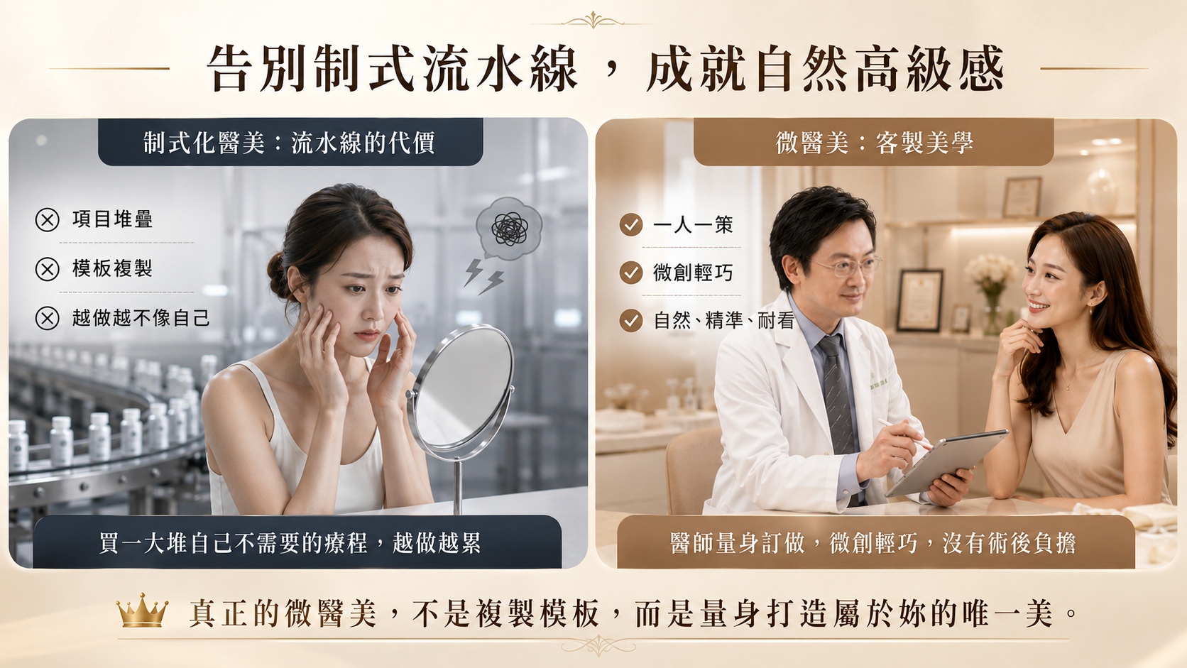 個人化微醫美與制式療程比較，強調醫師量身評估、客製美學與自然微調